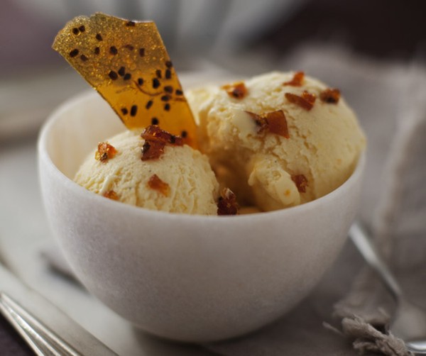 Orange and cardamom ice-cream with cardamom brittle