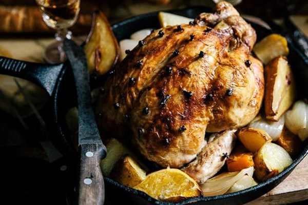 Orange and clove roast chicken with pears and butternut squash