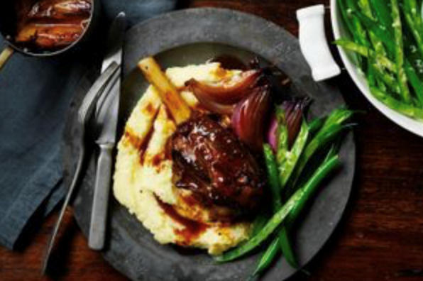 Orange and maple syrup glazed lamb shanks with Paris mash