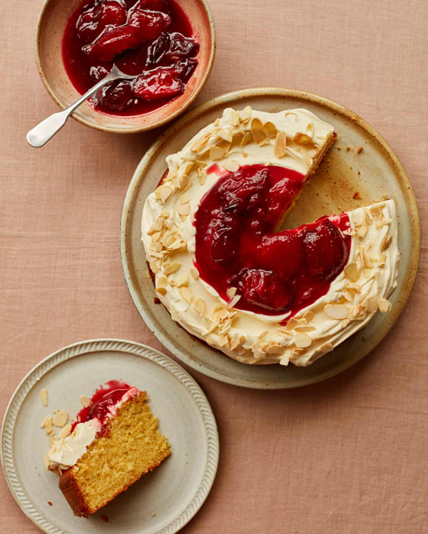 Orange and olive oil cake with plum compote