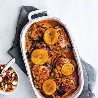Orange-and-oregano roast chicken with olive and feta relish