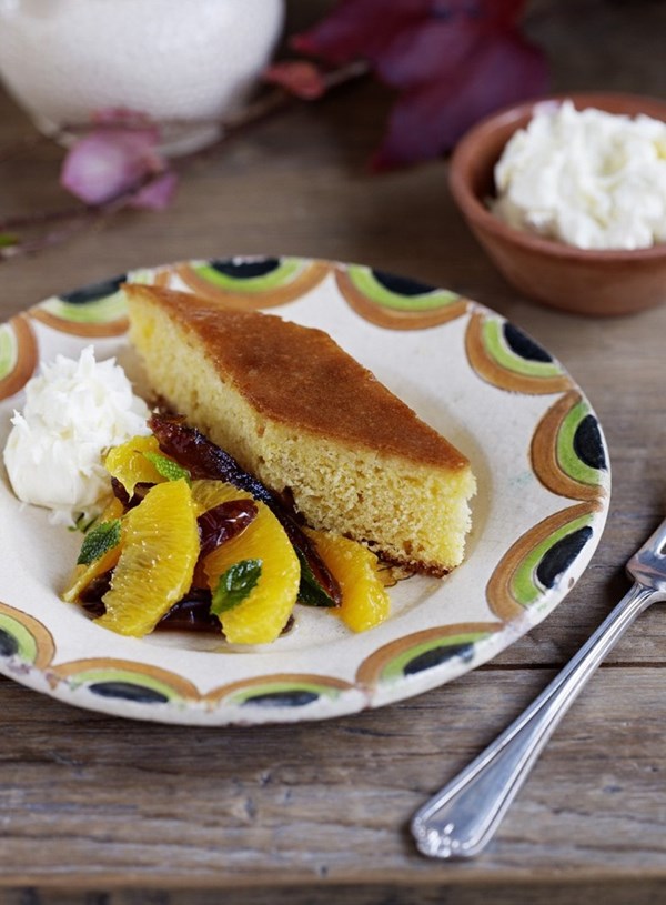 Orange and semolina syrup cake with fresh orange and date salad