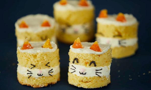 Orange and stem ginger cat-themed mini-cakes