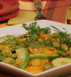 Orange, avocado, and green picholine olive salad