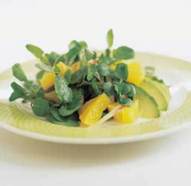 Orange, avocado, and watercress salad with ginger-lime vinaigrette