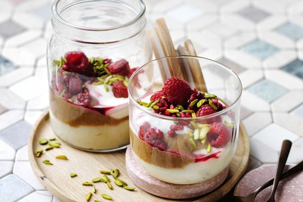 Orange blossom semolina pudding, date and honey puree