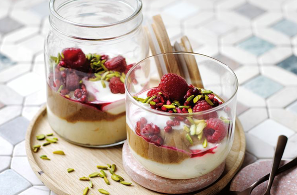 Orange blossom semolina pudding, date and honey puree