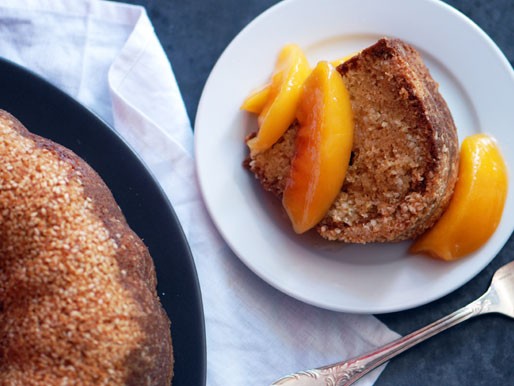 Orange blossom-sesame cake with peaches
