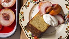 Orange cake with pōhutukawa honey-roasted stone fruits [Shaun Clouston]
