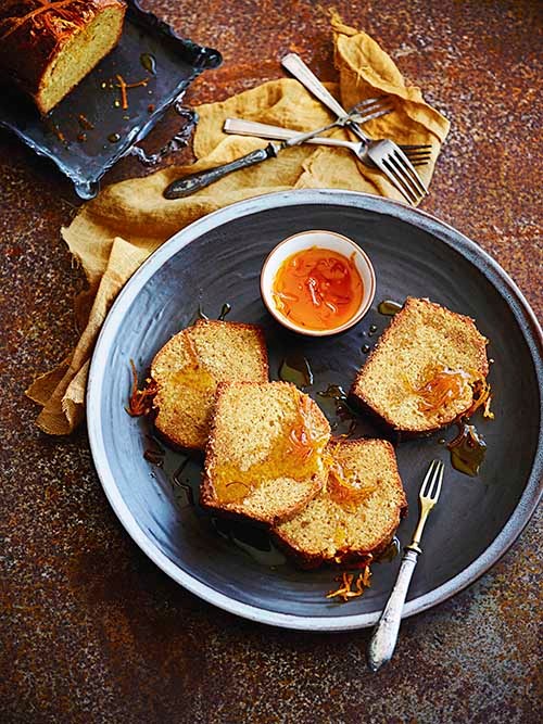 Orange, cashew and saffron syrup cake