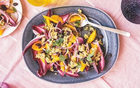 Orange, crimson-leaf and pickled-raisin salad