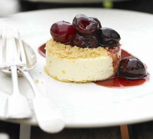Orange crunch creams with warm cherries
