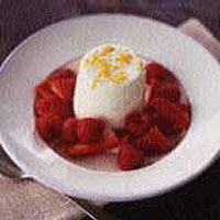 Orange flower water panna cotta with strawberry and raspberry salad 