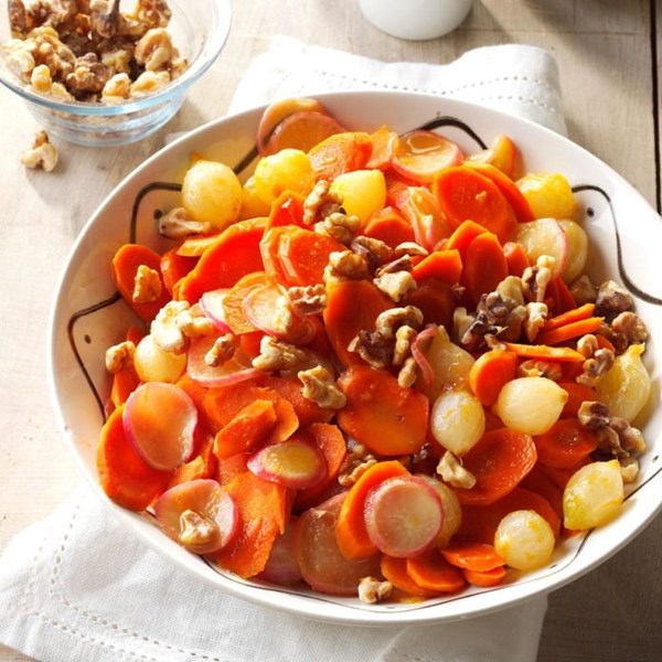 Orange-glazed carrots, onions & radishes