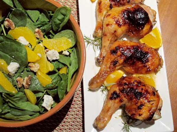 Orange glazed chicken (with spinach salad)