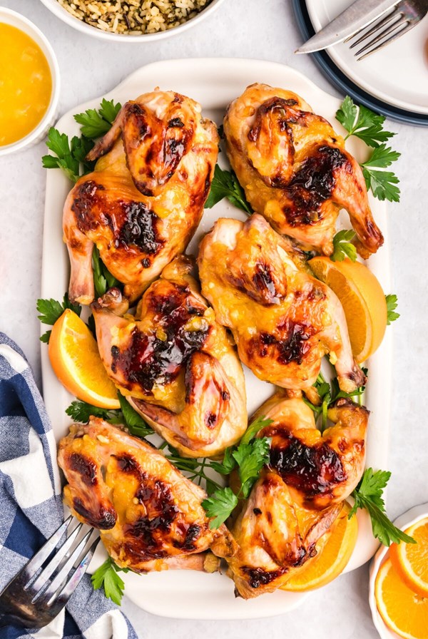 Orange glazed Cornish hens