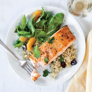Orange-glazed salmon with olive quinoa