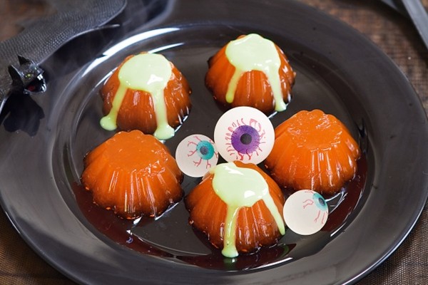 Orange jellies with green slime custard