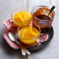 Orange jelly with chocolate sauce