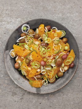 Orange, olive, and baby leek salad with verjus-tarragon dressing