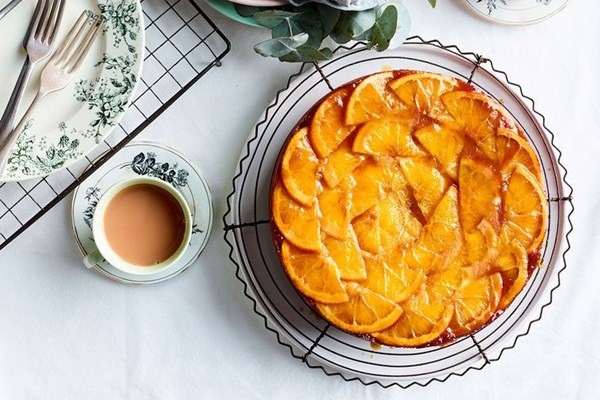 Orange, olive oil & dessert wine upside-down cake