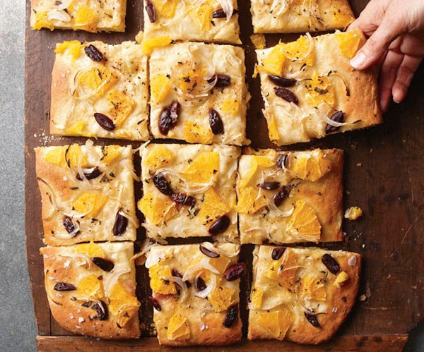 Orange, onion, and olive focaccia