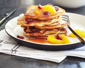 Orange pancakes with cranberry syrup & cinnamon yogurt