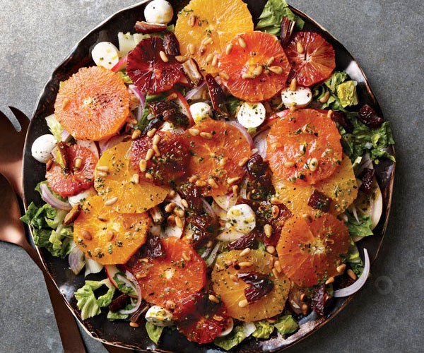 Orange, pear, and date salad with orange-rosemary vinaigrette