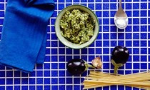 Orange pesto and aubergine pasta