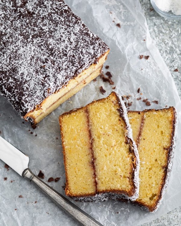 Orange-plum lamington loaf cake