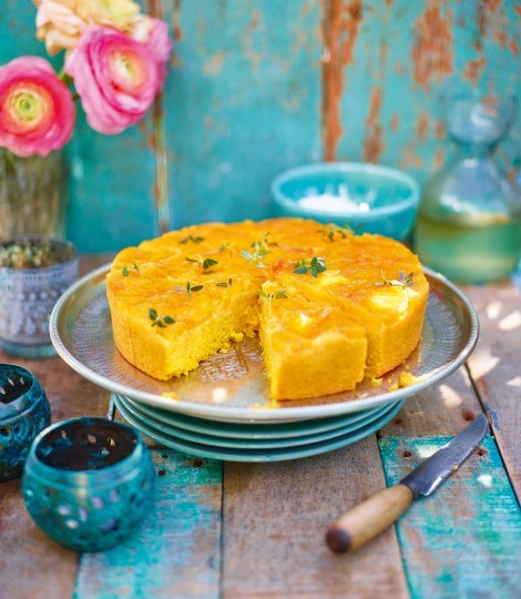 Orange, polenta and olive oil cake with whipped mascarpone and thyme