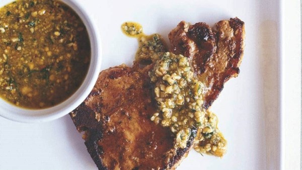 Orange pork loin chops with hazelnut dressing