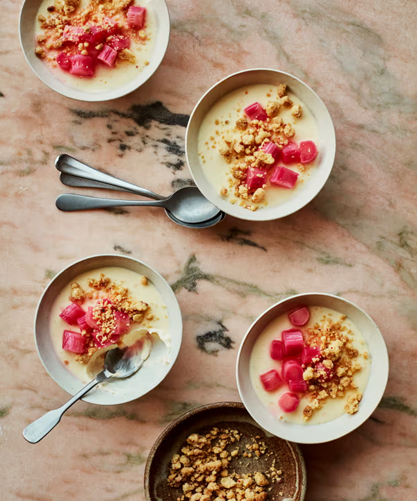Orange posset, poached rhubarb and crumble