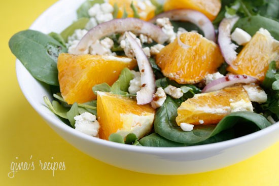 Orange, red onion, Gorgonzola and arugula salad