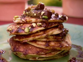 Orange ricotta pancakes with caramelized fig compote and pistachios