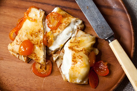 Orange ricotta pillows with Lillet kumquat compote