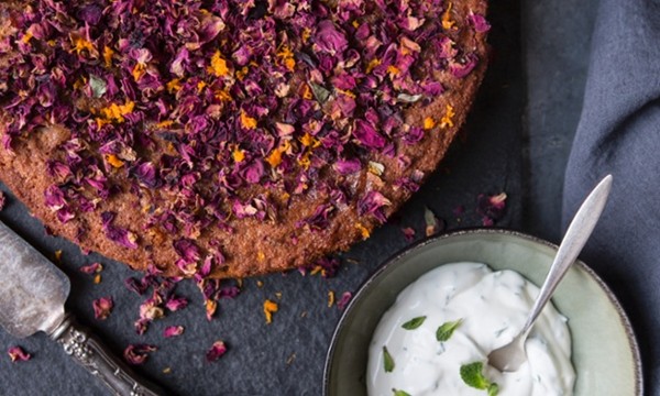 Orange, rose and polenta cake
