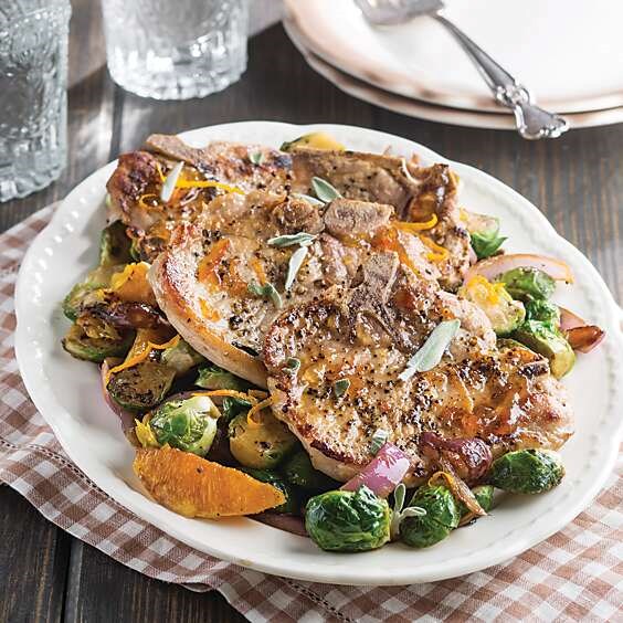 Orange-sage pork chops and Brussels sprouts