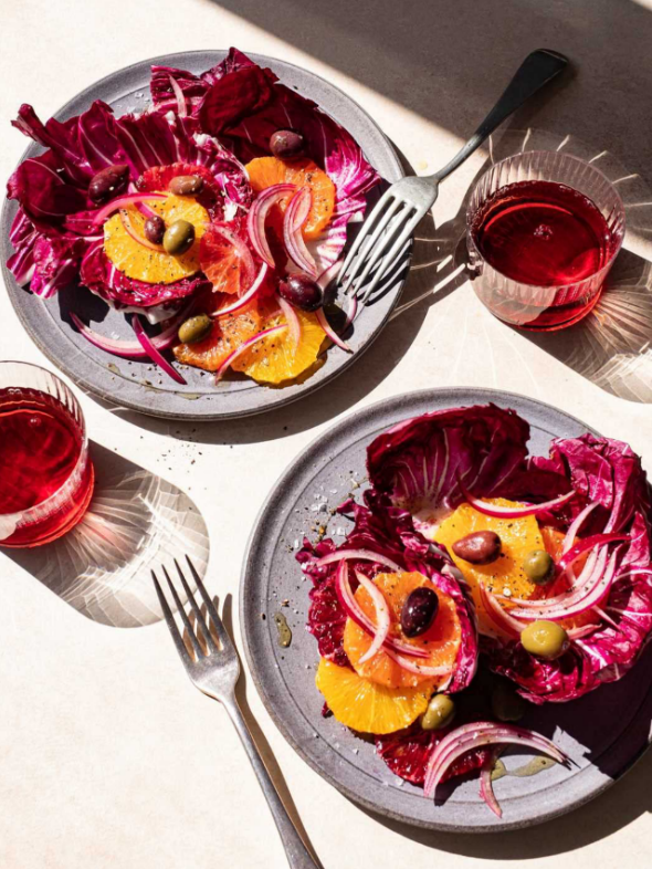 Orange salad with radicchio, red onion, and Taggiasca olives