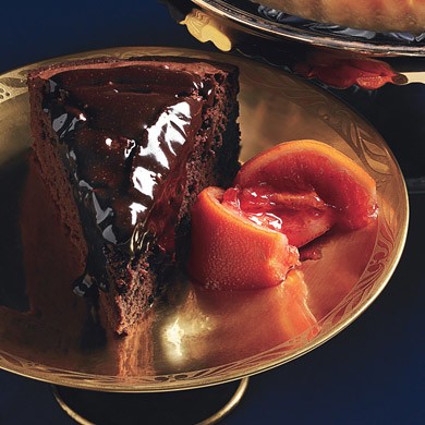 Orange-scented bittersweet chocolate cake with candied blood orange compote
