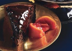 Orange-scented bittersweet chocolate cake with candied blood orange compote