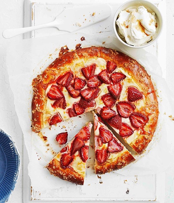 Orange-scented brioche with brown sugar labne and strawberries