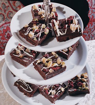 Orange-scented brownies with dried cranberries, pistachios, and ginger