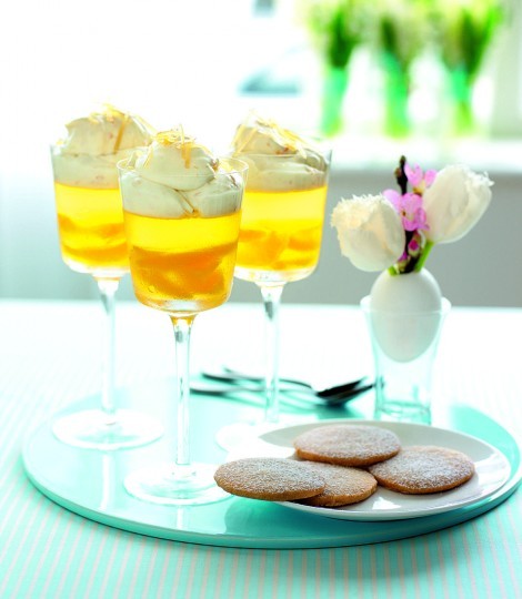 Orange-scented wine jellies with ginger syllabub cream