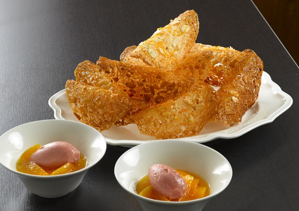 Orange tuiles, sorbet, and “salad”
