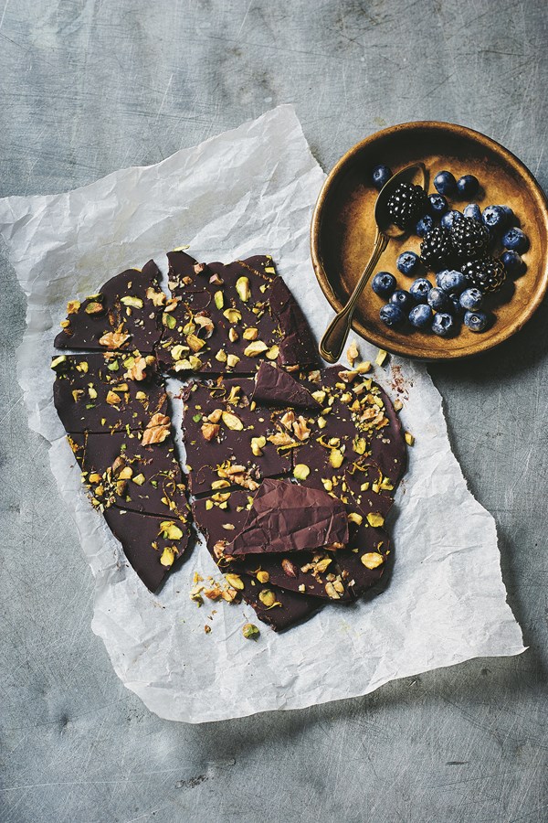 Orange-zested chocolate bark with berries