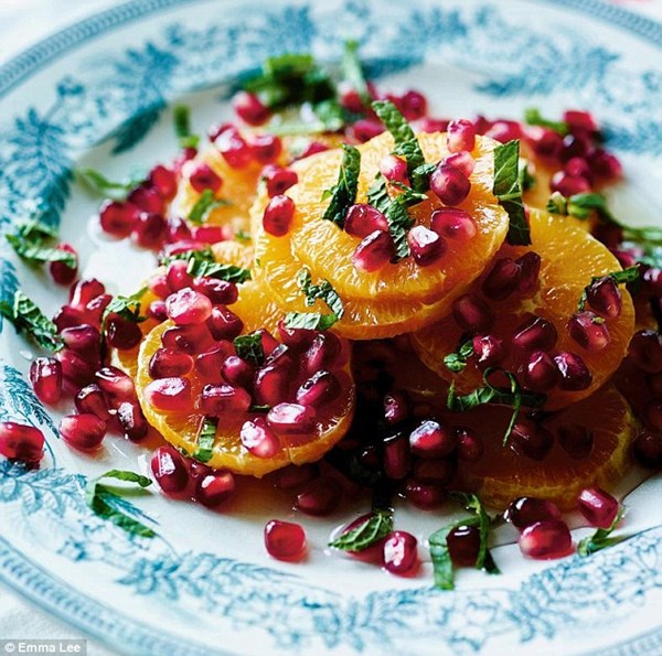 Oranges with pomegranates, mint & ginger syrup