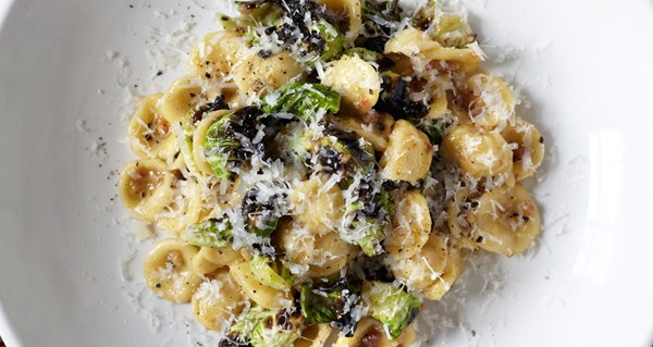Orecchiette carbonara with charred Brussels sprouts