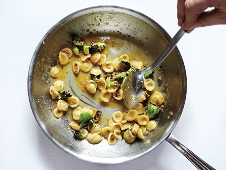 Orecchiette carbonara with charred Brussels sprouts