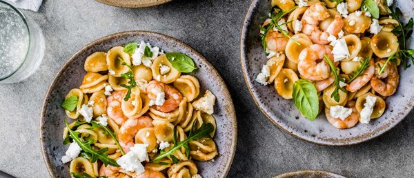 Orecchiette salad with prawns, basil, feta and tomato caper dressing